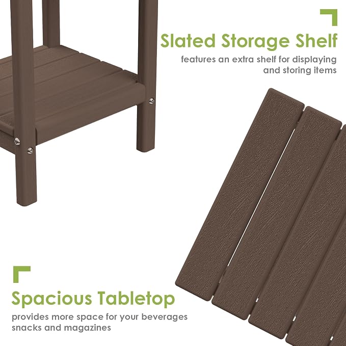 GREENVINES Adirondack-Outdoor-Side-Table | Wood Grain | 14 x 13 Inches | HDPE Plastic | All Weather | Dark Brown | Outside End Tables | Storage Shelf | for Patio Porch