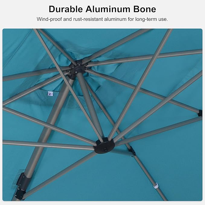 PURPLE LEAF 9' x 11' Patio Umbrella with Base Cantilever Umbrella Rectangular Outdoor Offset Umbrella with Champagne Frame and 360° Rotation for Garden Deck Pool, Turquoise Blue