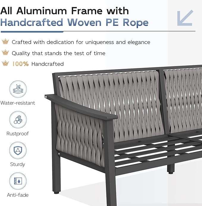 UDPATIO Aluminum Patio Furniture Set with Coffee Table, 4 Piece Modern Aluminum Outdoor Furniture Set, PE Rope Patio Conversation Sets with Thickend Cushions, for Porch, Backyard, Balcony, Beige