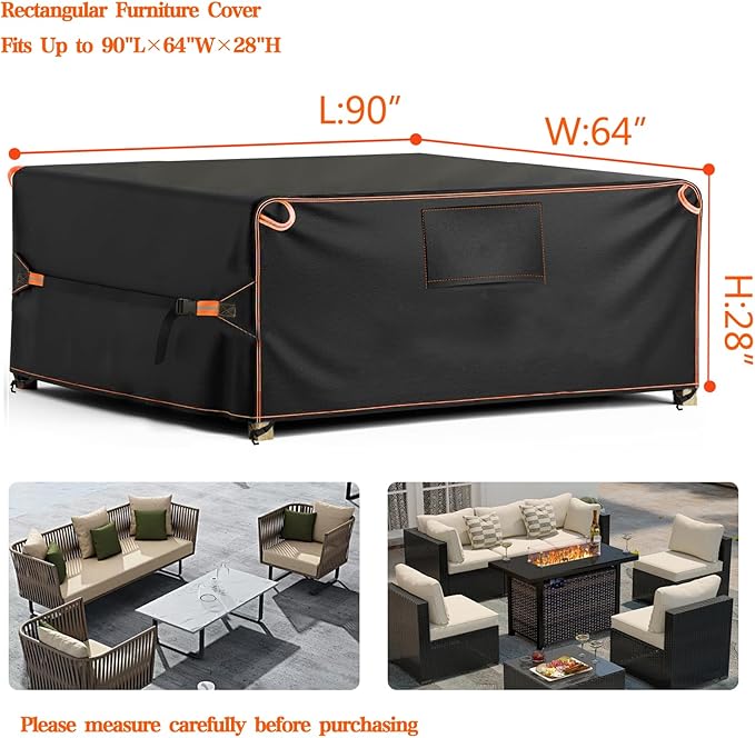 Patio Furniture Cover Outdoor, Rectangular Waterproof 600D Furniture Covers, Tear-Resistant Patio Table and Chair Set Cover with Reflective Strips 90" L×64" W×28" H
