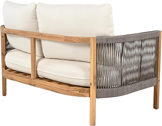Merax 2 Pieces Outdoor Acacia Furniture Set, Woven Rope Outdoor Patio Loveseat with Cushions and Coffee Table, Patio Conversation Sets for Porch, Garden