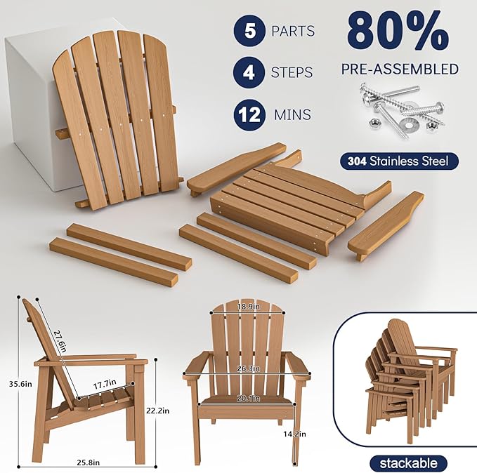 nevilywood Compact Stackable Adirondack Chairs,All Weather HDPE,380lb,Teak | 26.3" Wide HDPE.All-Weather Outdoor.Maintenance-Free.Stackable for Storage.25°Curved Straight Backrest.Quick Assembly
