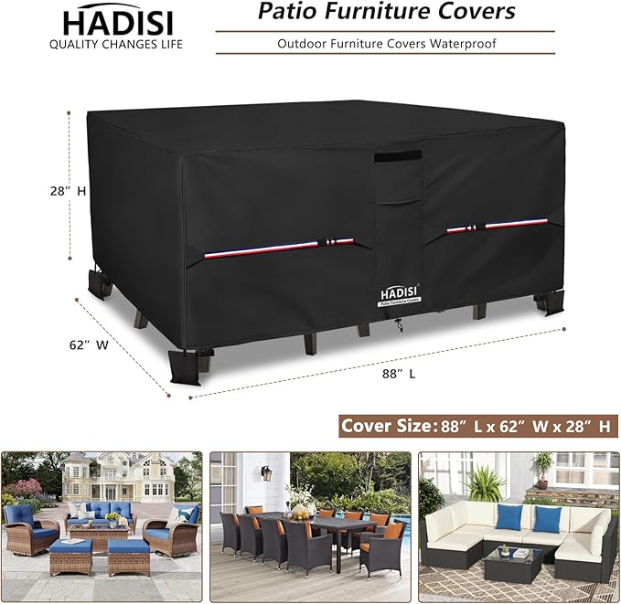Patio Furniture Covers,Outdoor Furniture Cover Waterproof,600D Rectangular Patio Heavy Duty Table Cover,Outdoor Dining Table and Chair General Purpose Furniture Covers 88"L x 62"W x 28"H-Black