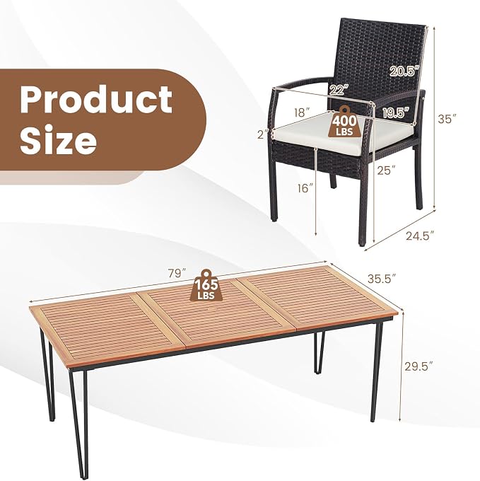 9 Pieces Patio Rattan Dining Set with Acacia Wood Table, Heavy Duty Outdoor Table and Chairs Set with Soft Cushions and 1.9 Inches Umbrella Hole, for Backyard, Garden and Poolside