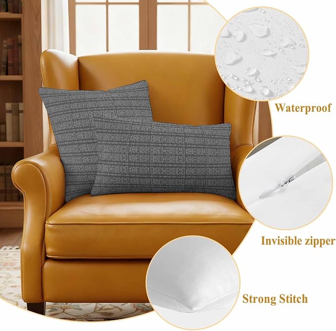 Outdoor Waterproof Throw Pillow Covers Set of 2 Grey Stripes Grain Lumbar Pillowcases 20x12 Inches Solid Color Decorative Pillows Cushion Case Patio Pillows for Couch Bed Chair Garden