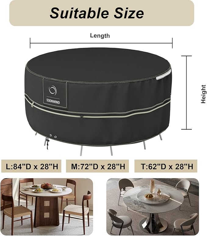 Heavy Duty Waterproof Outdoor Patio Furniture Covers - All Weather Protection for Sectional Sofa, Dining Table & Chair Set, Patio Furniture Protector Cover (All Black, Round-72"D x 28"H)