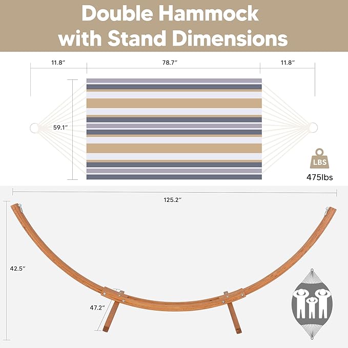 SUNCREAT Hammocks Freestanding Hammock with 10 ft Wooden Stand Included, Stand Alone Hammock for Outside, 475 lbs Capacity, Coffee