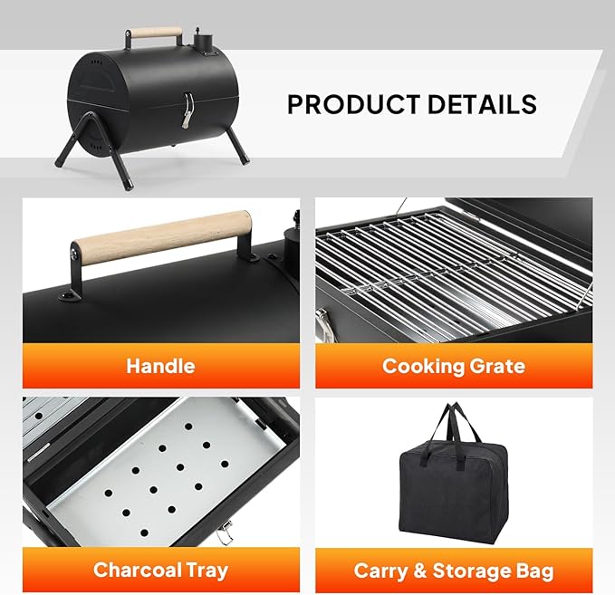 Outvita Portable Charcoal Grill with Thermometer, Dual-Sided Small Tabletop Barbecue Grill for Outdoor Camping BBQ Cooking Backyard Party, Heavy Duty, Easy Assembly (Black)
