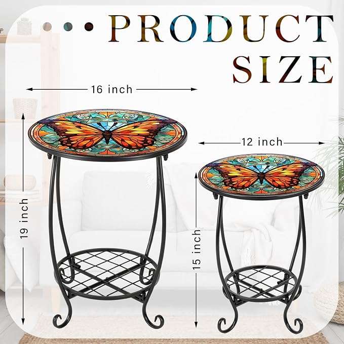 Cinnvoice 2 Pcs Outdoor Side Table Small Patio Round Mosaic Accent End Table Indoor Plant Metal Coffee Tea Tables for Patio Yard Porch Garden Living Room(12" and 16",Butterfly B Style)