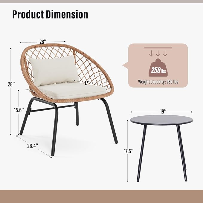 LAUSAINT HOME 3-Piece Outdoor Patio Set, All-Weather Wicker Rattan, Conversation Bistro Set with 2 Deep Seating Chairs & Coffee Table for Garden, Deck, Balcony, Porch, Backyard (Diamond Weave Design)