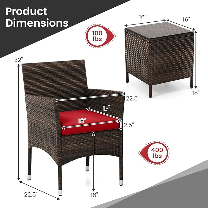 RELAX4LIFE 3-Piece Patio Furniture Set - Rattan Wicker Outdoor Conversation Set w/Cushions & Glass Coffee Table, Balcony Furniture for Porch Garden Backyard, Bistro Table and Chairs Set of 2 (Red)
