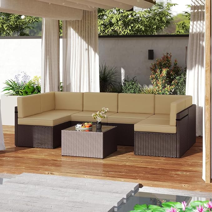 FIZZEEY 7 PCs Outdoor Patio Furniture PE Wicker Rattan Sectional Conversation Sofa Sets, Khaki
