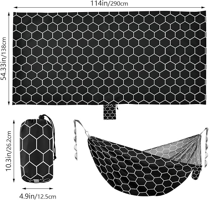 Camping Hammock Outdoor Hammocks for Outside Hexagonal Grid Black Beach Trees Portable Lightweight with Pockets Tree Straps Indoor