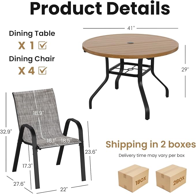 Soohow Patio Dining Set for 4, 5-piece Outdoor Dining Set 4 x Stackable Patio Chairs & 1 x Wood-Like Round Table with Umbrella Hole, All-Weather Outdoor Table and Chairs for Backyard, Balcony, Porch