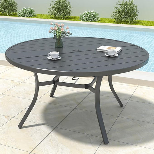 Anmutig Outdoor Patio Round Dining Table, 54"x 54" Metal Slatted Round Tabletop with Adjustable Umbrella Hole for Deck Lawn Garden Backyard Balcony Deck, Black