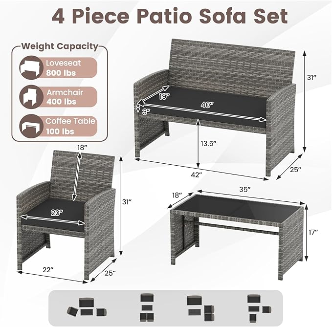 HAPPYGRILL 4 Piece Rattan Wicker Patio Conversation Set, Outdoor Furniture with Chair Loveseat Table & Cushion, for Backyard Porch Balcony (1, Black)