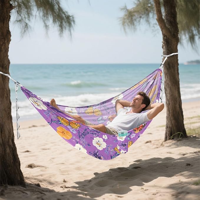 Camping Hammock Outdoor Hammocks for Outside White Flower Butterfly Purple Beach Trees Portable Lightweight with Pockets Tree Straps Indoor