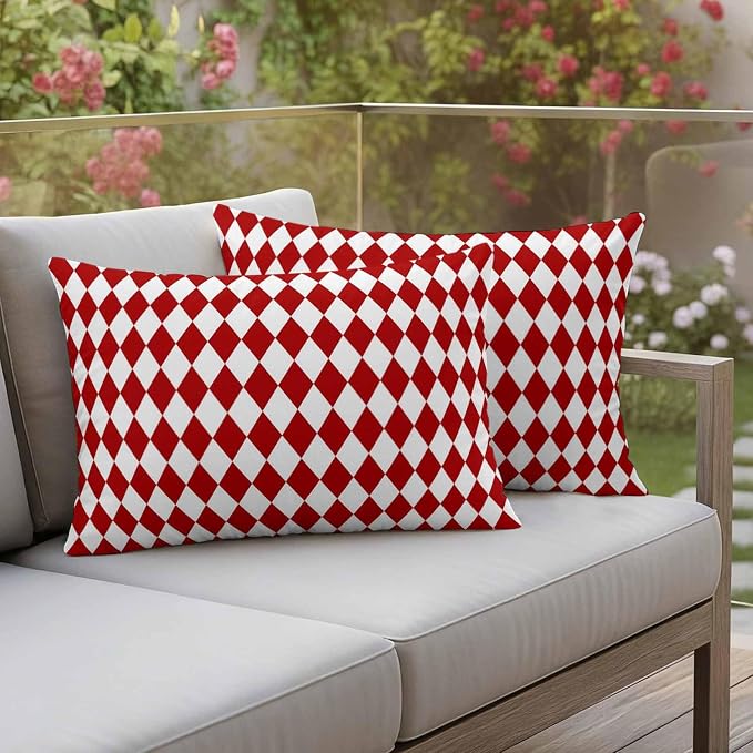 Modern Red White Diamonds Plaid Outdoor Pillow Covers Set of 2,Decorative Waterproof Throw Pillow Case,Minimalist Geometric Style Cotton Linen Soft Cozy Cushion Pillowcases