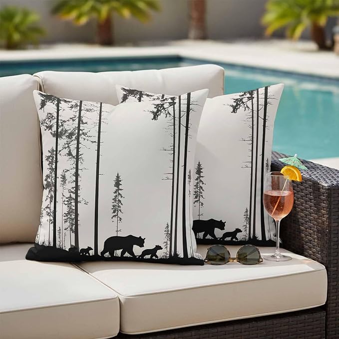Abstract Outdoor Waterproof Throw Pillow Covers Set of 2, 20"x20", Animal Bear Family Forest Trees Silhouette Decorative Pillow Covers Outside Cushion Case for Patio Porch Garden