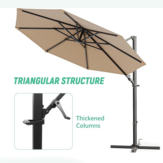 Greesum 10FT Outdoor Patio Umbrella with High Pedel and 4 Gear Heights, Large Offset Market Umbrella with 360-degree Rotation, Without Base, Hanging Outdoor Shade for Garden, Lawn, Pool, Brown