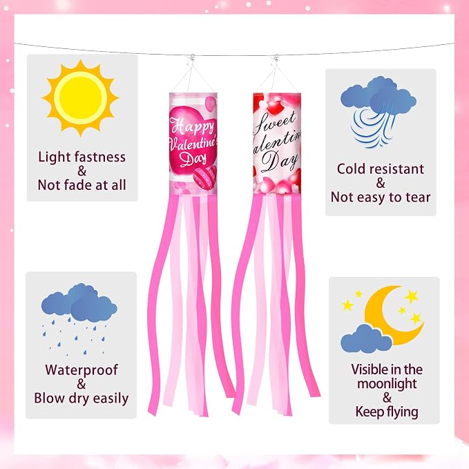 NOVWANG 2 Pieces 40 Inches Valentine's Day Windsock, Valentine Hearts Windsocks Outdoor Hanging Wind Sock for Wedding Anniversary Home Party Yard Garden Patio Decoration