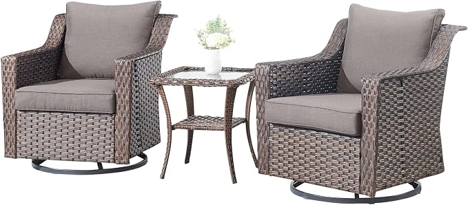 3 Pieces Wicker Patio Furniture-All-Weather Wicker Swivel Patio Chairs with Side Table Patio Bistro Sets for Deck Balcony Poolside Backyard-Brown/Grey