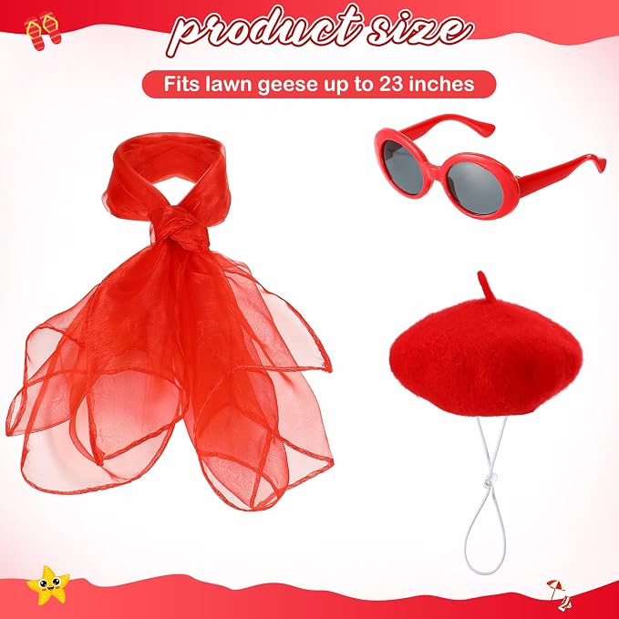 Yaomiao 3 Pcs 50s French Porch Goose Outfit Set for 23'' 17'' Cement Lawn Goose Costume Beret Hat for Carnival Statue Decor(Red)