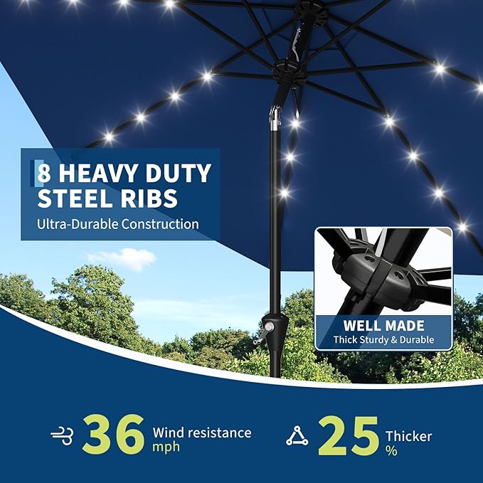 Garvee 10FT Solar Patio Umbrella with 32 LED Lights - Outdoor Table Umbrella with Crank Lift, Push Button Tilt and 8 Sturdy Ribs - Market Umbrella UV Protection for Pool, Deck, Yard, Garden -Navy Blue