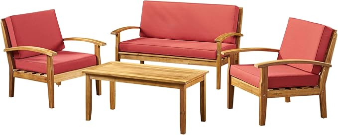 Christopher Knight Home Peyton Outdoor Wooden Chat Set with Cushions, 4-Pcs Set, Teak Finish / Red