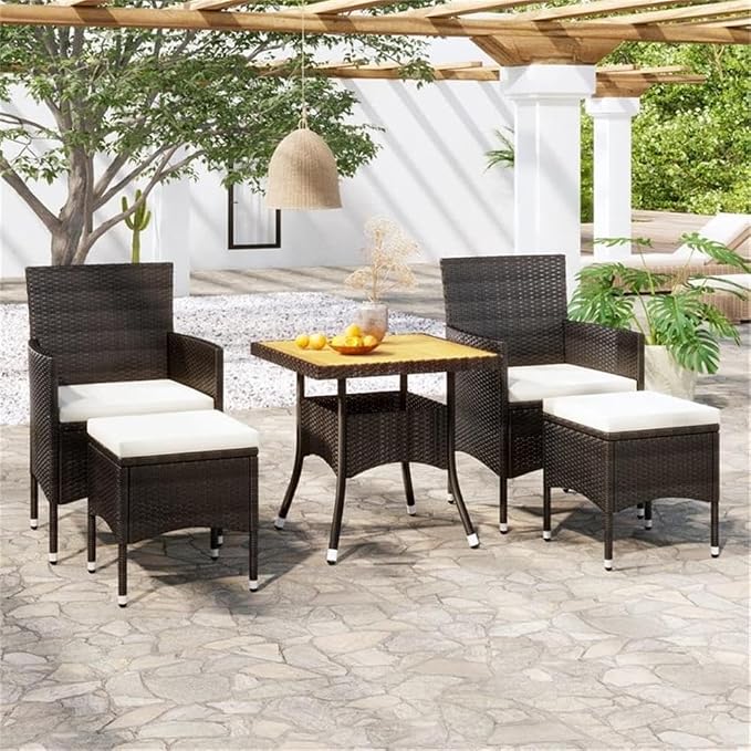 Afuera Living 5-Piece Patio Dining Set, Synthetic Poly Rattan and Acacia Wood, Black/Cream White Finish, Includes Cushioned Seats, Contemporary Compact Design for Outdoor Garden, Terrace or Balcony