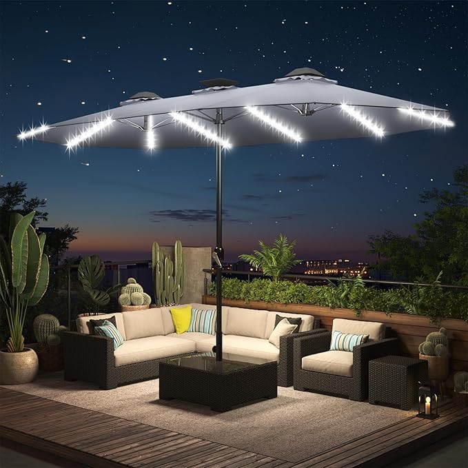 AECOJOY 15ft Patio Umbrella with Solar Lights, Outdoor Large Patio Umbrella with Crank Handle and 156 PCS LED Lights, Rectangular Market Umbrella for Backyard Deck Pool in Grey(1.9" Pole)