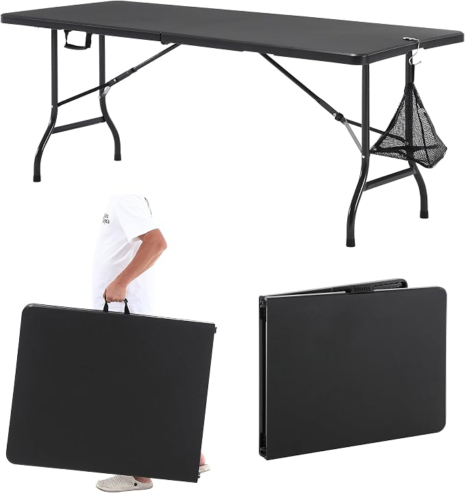 VECELO 6 FT Thick Top Picnic Table with Portable Mesh Bag, Folding Table with Strong Side Support, 500lbs Capacity for Outdoor Camping, Party, Dining - Black