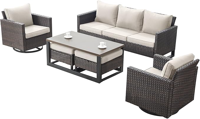 Rilyson Wicker Outdoor Patio Furniture Set - 6 Piece Patio Conversation Set with 2 Swivel Rocker Chairs,2 Rattan Ottoman,1 Couch and 1 Metal Coffee Table for Outside Porch Deck Backyard(Brown/Beige)