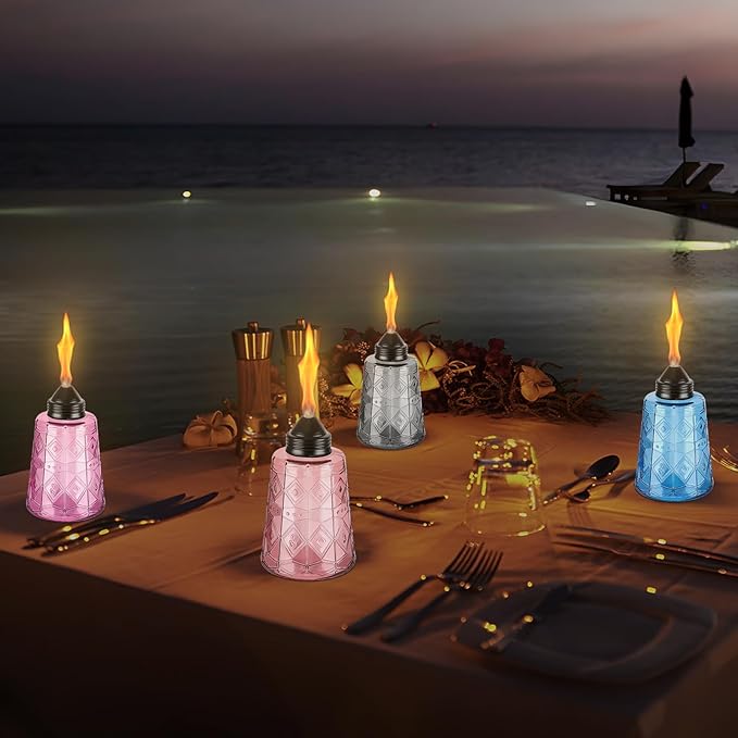 4-Pack Glass Table Top Torches - 12oz Refillable Citronella Torches Canisters for Outdoor, Includes Wick & Cap, Decorative Lanterns for Patio, Garden, Yard, Party, Landscape(Multi-Color)