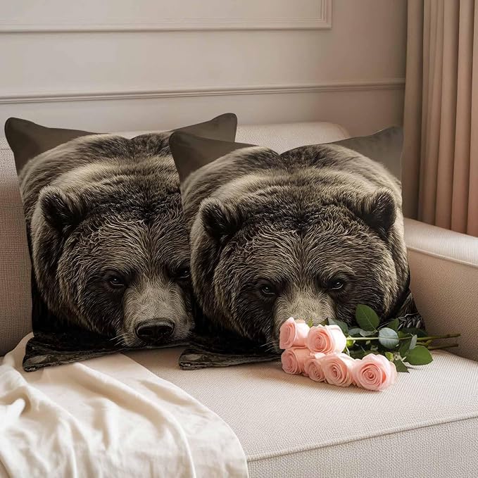 Waterproof Pillow Covers Set of 2,Rustic Brown Grizzly Bear Outdoor Pillow Protectors with Zipper Pillowcases for Patio Tent Garden Beach 16x16 Inches Abstract Forest Wildlife Animal