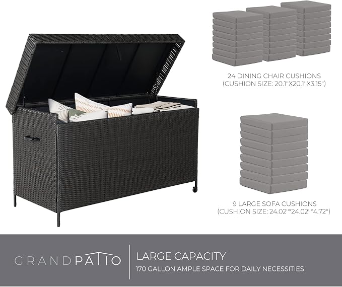 Grand patio 170 Gallon Deck Storage Box Deck Box Outdoor Storage Box Indoor Wicker Storage Bin Patio Storage Box for Patio Furniture Cushions Garden Tools Pool Accessories, Dark Brown