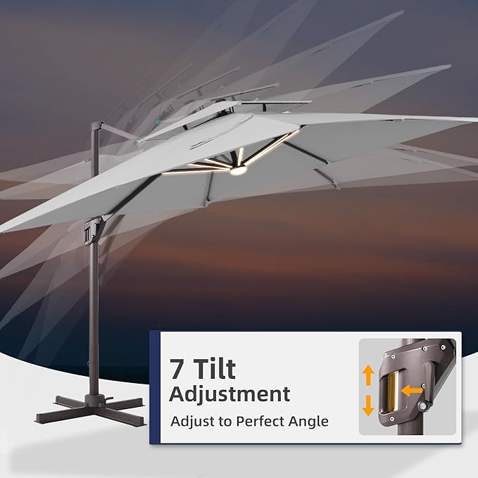 9x12 FT Patio Umbrella with Weighted Base and LED Lights Cantilever Outdoor Large Heavy Duty Rectangle Aluminum Offset Umbrellas Double Top 360 Rotation for Pool Deck Garden, Fog grey