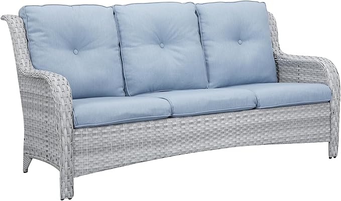 Rilyson Outdoor Couch Wicker Patio Sofa - 3 Seat Rattan Sofa with Deep Seating and Comfortable Cushions for Porch Deck Balcony Garden(Light Grey/Sky Blue)