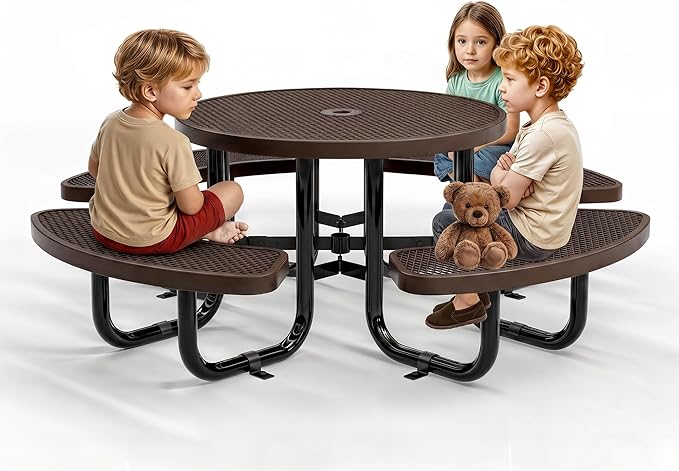 Round Metal Picnic Tables for Kids for Outdoors with Umbrella Hole, Adjustable Seats for School, Park, Playground (Brown, 38 in, Kids, Expanded Steel)