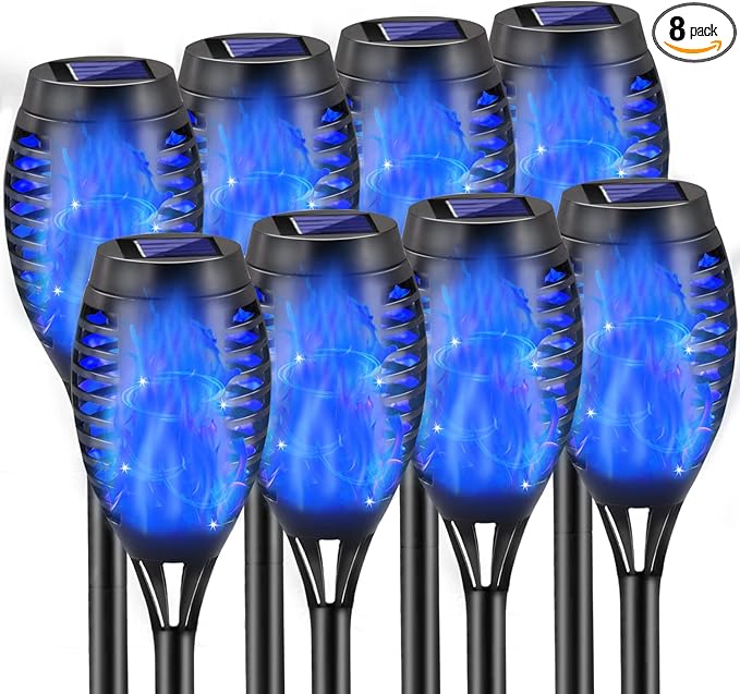 Blue Solar Lights, Halloween Decorations Outdoor 8 Pack Solar Torch Lights with Flickering Flame, 12 LED Mini Tiki Torches Waterproof for Landscape Pathway Dusk to Dawn Auto On/Off