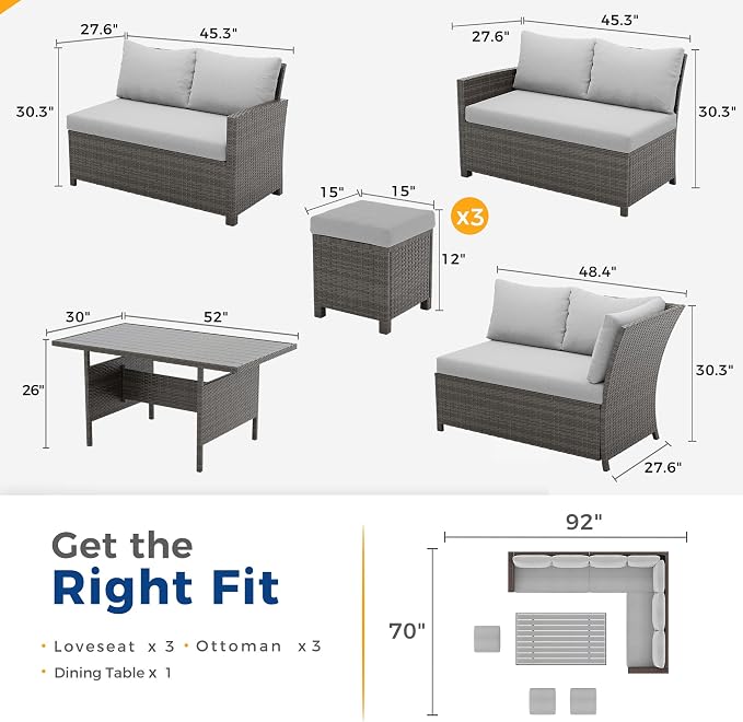 Wisteria Lane 7 Piece Patio Furniture Set, High Curved Back Wicker Outdoor Dining Set, All Weather Patio Sectional, Outdoor Furniture Patio Conversation Set with Ottoman, Grey
