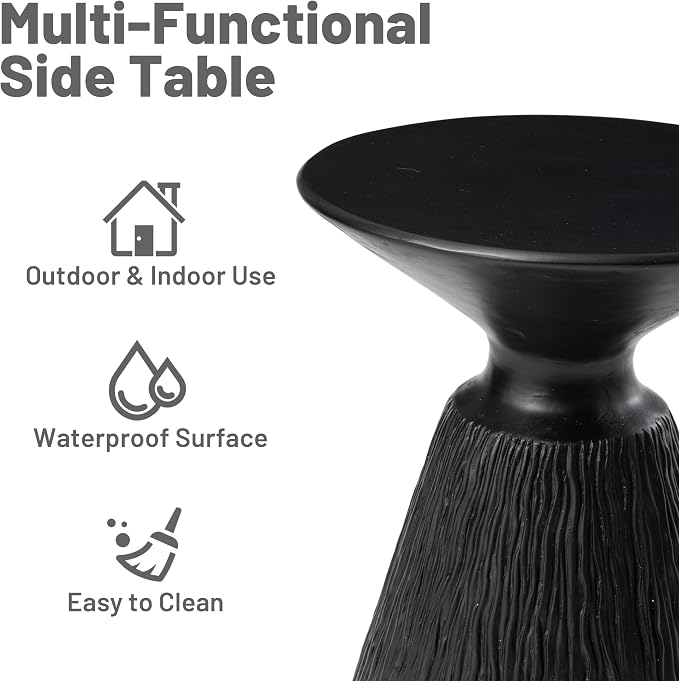 COSIEST Outdoor Side Table, Mushroom Shaped MgO Accent Table, Lightweight Patio End Table w Round Base, Top Plant Stand for Garden and Deck, Black