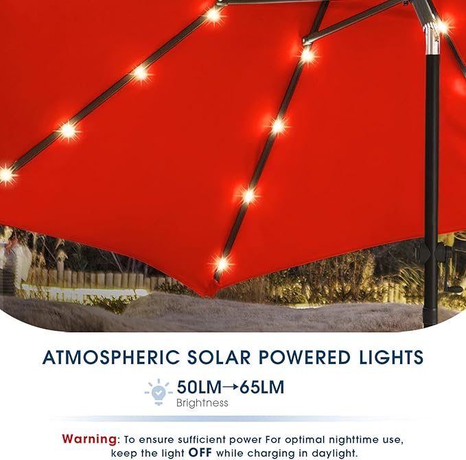 wikiwiki 9ft Solar Led Patio Umbrella, Sturdy Outdoor Market Umbrella for Deck, Pool, Garden w/Tilt, Crank, 32 LED Lights, Red