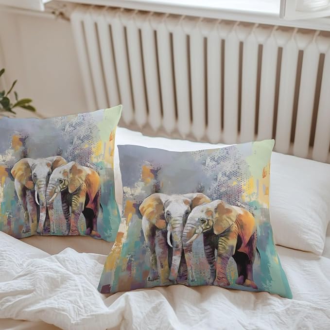 Elephants Outdoor Pillow Covers 20"x20" Set of 2, Animal Abstract Splatters Bohemian Waterproof Throw Pillow Covers for Patio Furniture, Decorative Cushion Covers for Porch