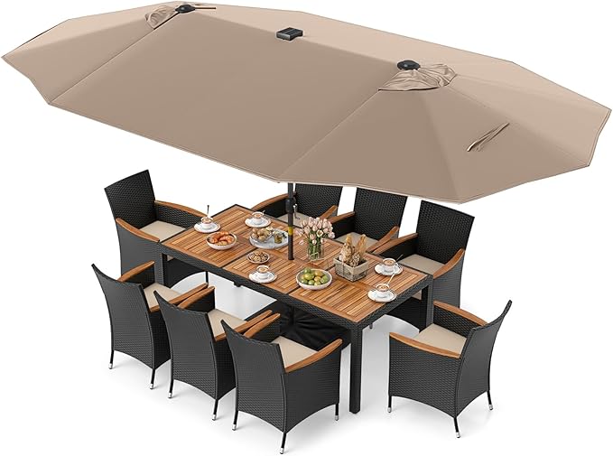 Tangkula 11 Pieces Patio Dining Set with Double-Sided Led Patio Umbrella (Base Included), with 8 Stackable Chairs, Acacia Wood Dining Table and Large Umbrella with Solar Lights (Coffee + Off White)