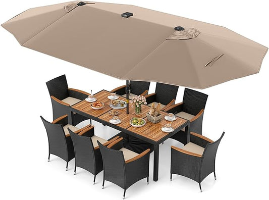 Tangkula 11 Pieces Patio Dining Set with Double-Sided Led Patio Umbrella (Base Included), with 8 Stackable Chairs, Acacia Wood Dining Table and Large Umbrella with Solar Lights (Coffee + Off White)