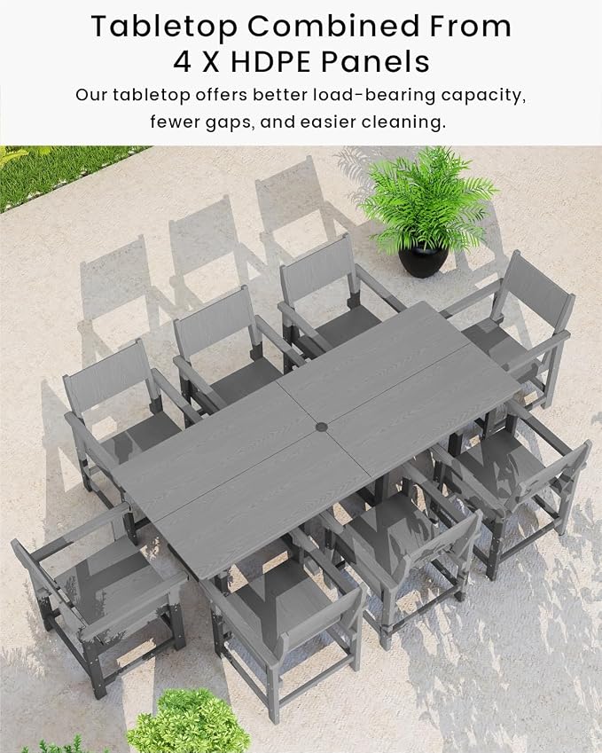9-Piece HDPE Outdoor Dining Set, Weatherproof Patio Table and Chairs Set for 8, Includes 82.7'' Dining Table and 6 Armchairs, with Umbrella Hole (Grey)