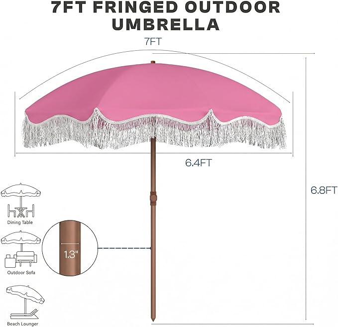 7FT Patio Umbrella with Fringe, Outdoor Tassel Umbrella with Fiberglass Ribs, Boho Beach Umbrella, Push Button Tilt and Carrying Bag, UPF50+