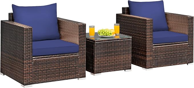 COSTWAY 3-Piece Patio Furniture Set, Outdoor Wicker Rattan Sofa with Cushions and Coffee Table with Tempered Glass, Modern Conversation Chair Set for Poolside Backyard Balcony Lawn (Navy)