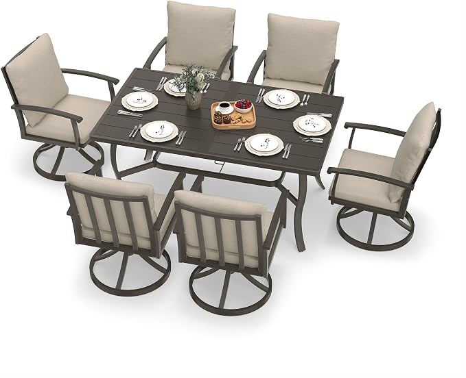 HAPPATIO 7 Piece Patio Swivel Dining Set, Aluminum Outdoor Dining Set for 6,Dining Table and Chairs Set, Patio Dining Furniture with Aluminum Table, Swivel Chairs and Washable Cushions (Black)